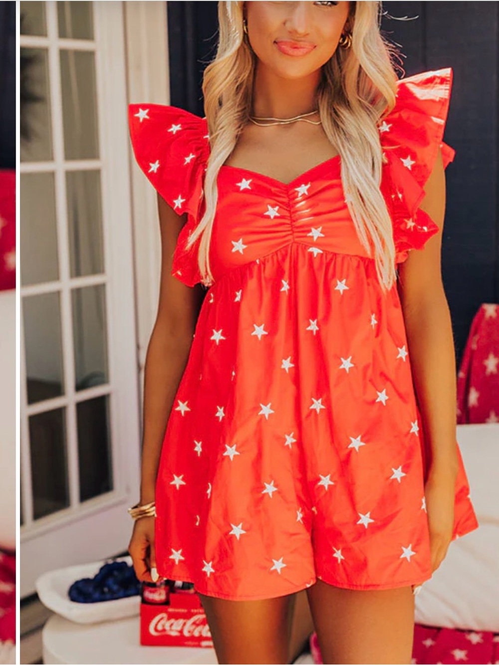 Red Star Print Flutter Sleeve Romper